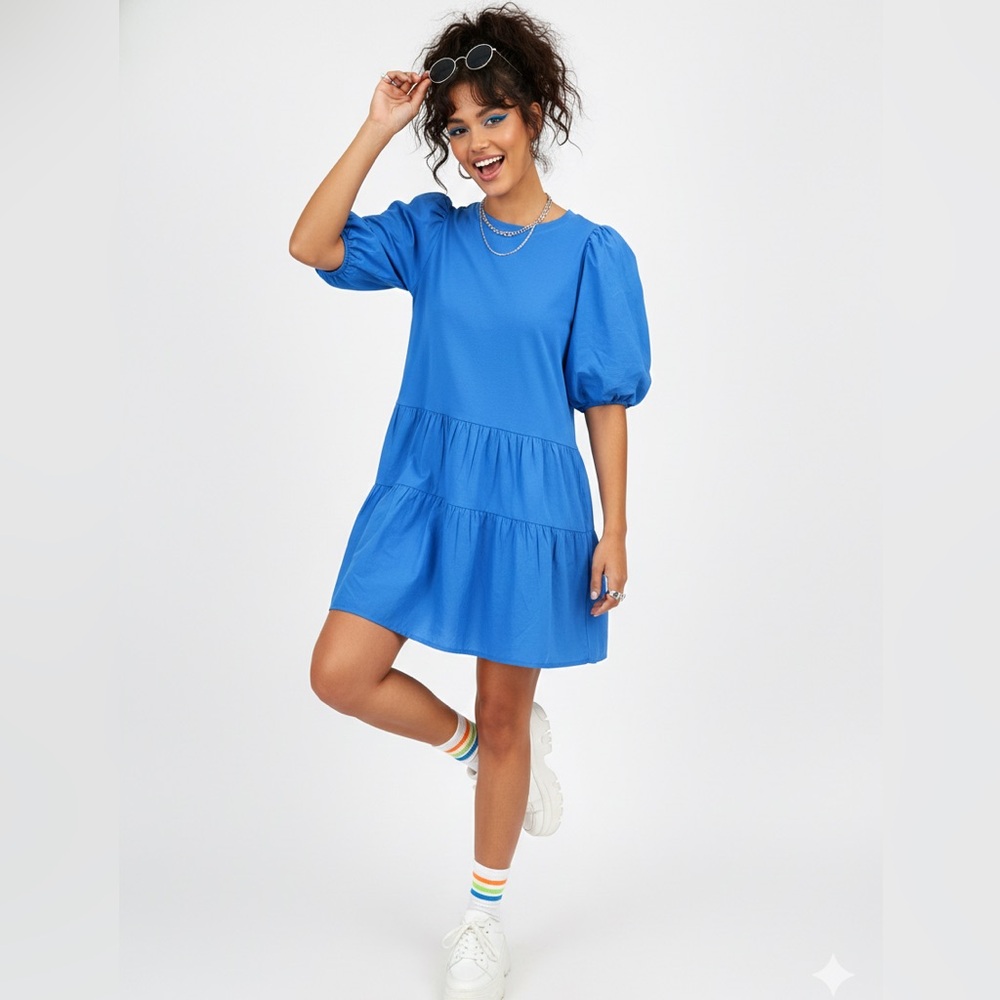 Zara Vibrant Blue Puff Sleeve Tiered Mini Dress Cotton Excellent Condition | L